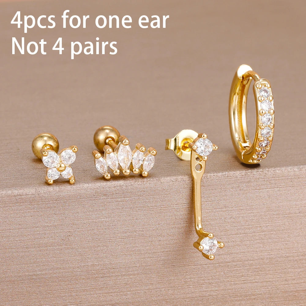 Stainless Steel Hoop Earrings - 4PCS Circle Huggie Set with Zircon Flower Studs - ZOOMNSTORE
