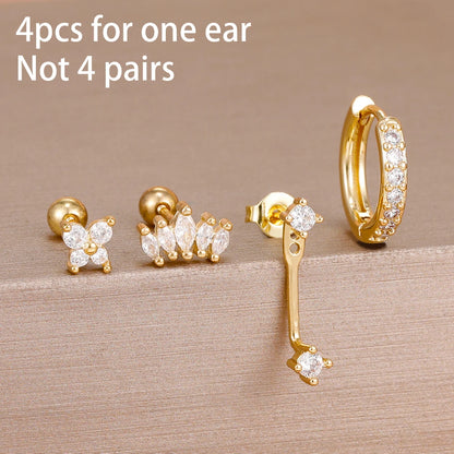 Stainless Steel Hoop Earrings - 4PCS Circle Huggie Set with Zircon Flower Studs - ZOOMNSTORE