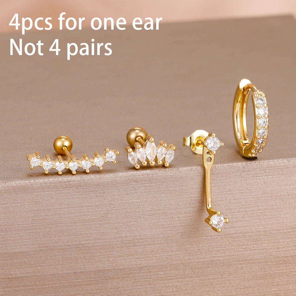 Stainless Steel Hoop Earrings - 4PCS Circle Huggie Set with Zircon Flower Studs - ZOOMNSTORE