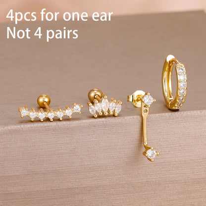 Stainless Steel Hoop Earrings - 4PCS Circle Huggie Set with Zircon Flower Studs - ZOOMNSTORE