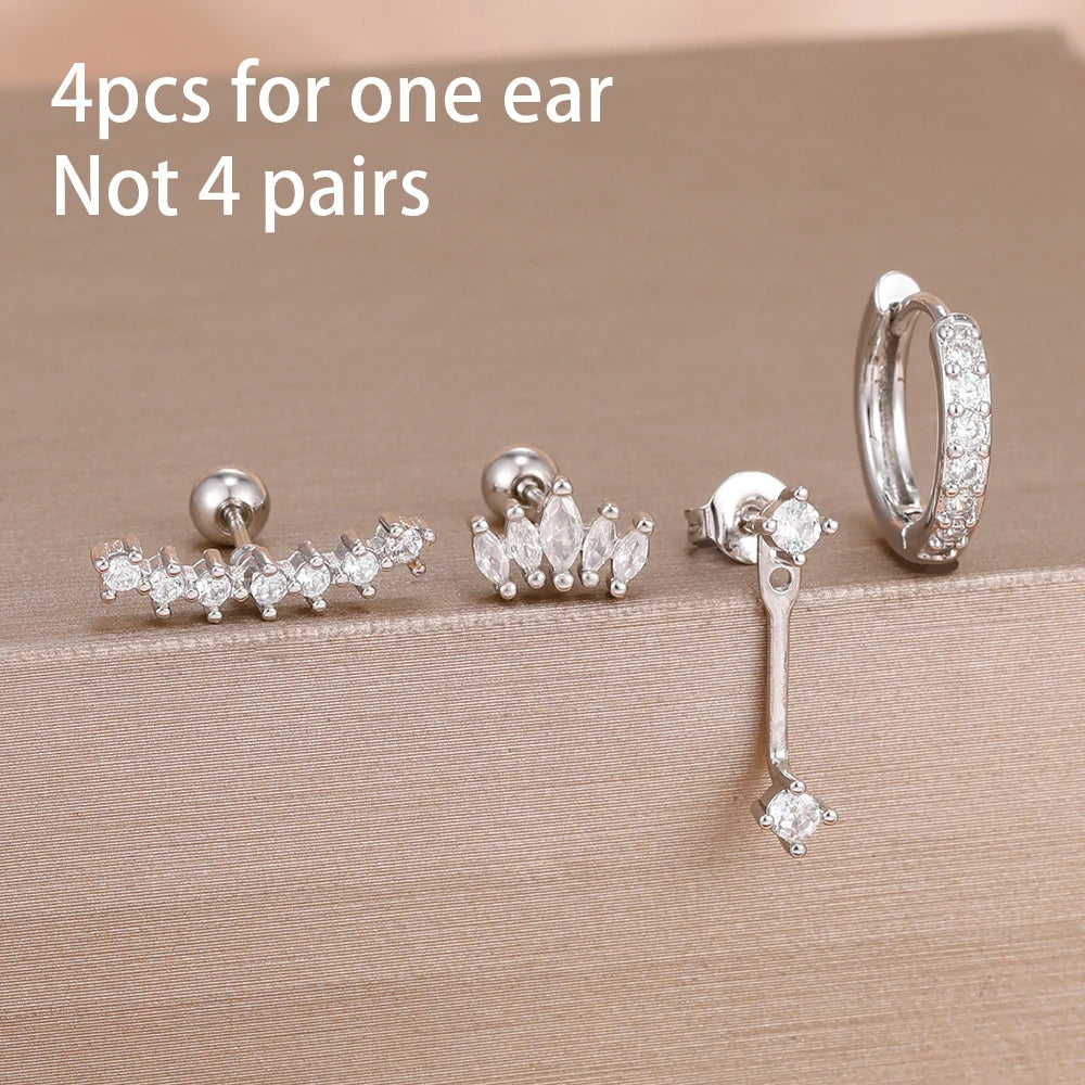 Stainless Steel Hoop Earrings - 4PCS Circle Huggie Set with Zircon Flower Studs - ZOOMNSTORE