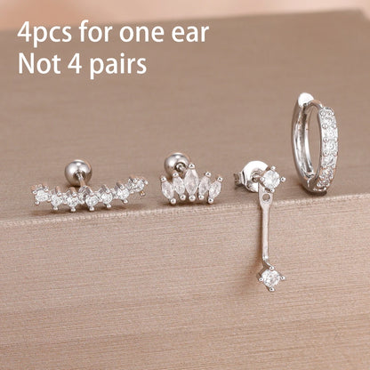 Stainless Steel Hoop Earrings - 4PCS Circle Huggie Set with Zircon Flower Studs - ZOOMNSTORE