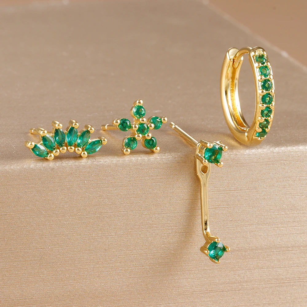 Stainless Steel Hoop Earrings - 4PCS Circle Huggie Set with Zircon Flower Studs - ZOOMNSTORE