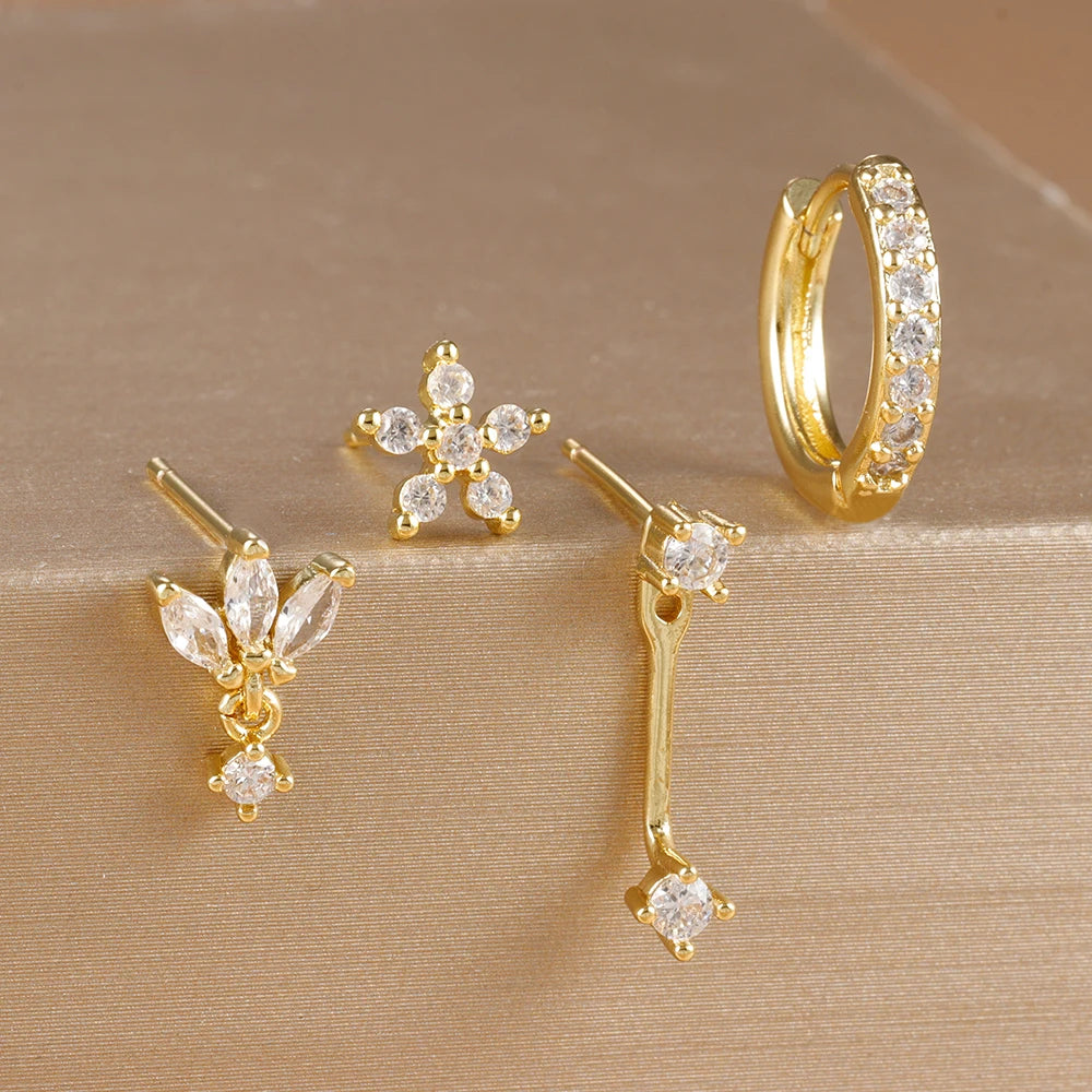 Stainless Steel Hoop Earrings - 4PCS Circle Huggie Set with Zircon Flower Studs - ZOOMNSTORE