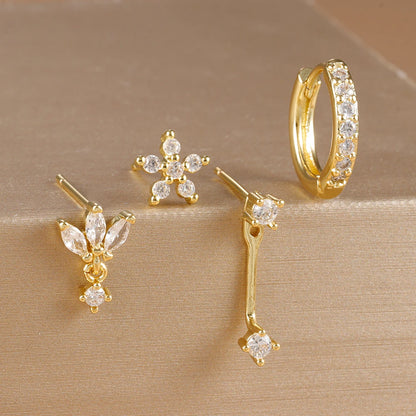 Stainless Steel Hoop Earrings - 4PCS Circle Huggie Set with Zircon Flower Studs - ZOOMNSTORE