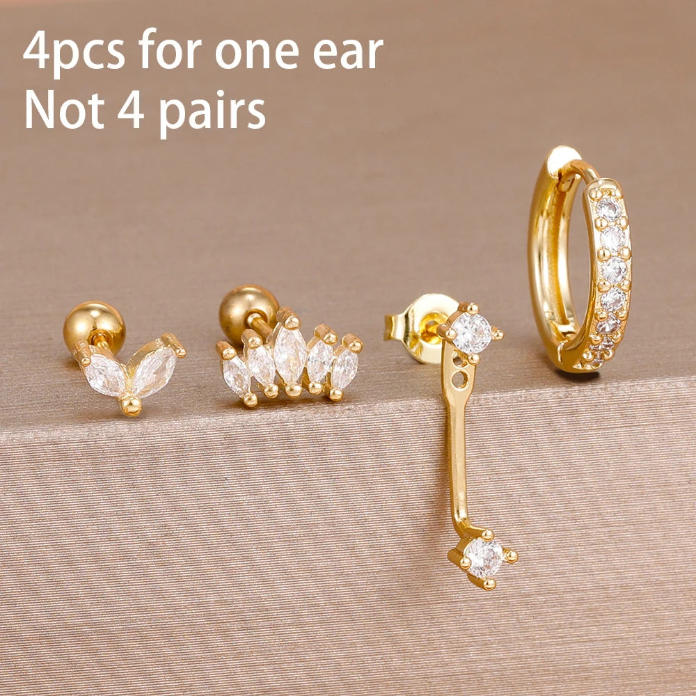 Stainless Steel Hoop Earrings - 4PCS Circle Huggie Set with Zircon Flower Studs - ZOOMNSTORE