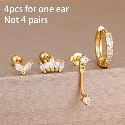 Stainless Steel Hoop Earrings - 4PCS Circle Huggie Set with Zircon Flower Studs - ZOOMNSTORE