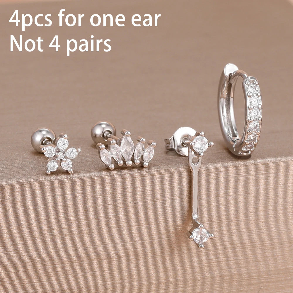 Stainless Steel Hoop Earrings - 4PCS Circle Huggie Set with Zircon Flower Studs - ZOOMNSTORE