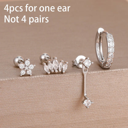 Stainless Steel Hoop Earrings - 4PCS Circle Huggie Set with Zircon Flower Studs - ZOOMNSTORE
