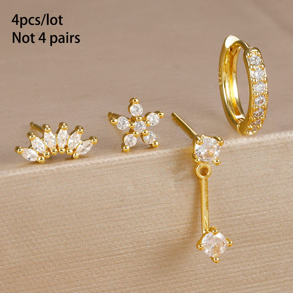 Stainless Steel Hoop Earrings - 4PCS Circle Huggie Set with Zircon Flower Studs - ZOOMNSTORE