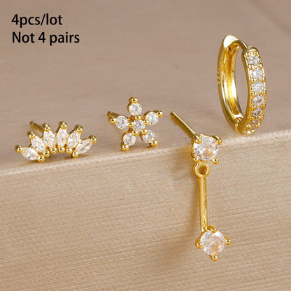 Stainless Steel Hoop Earrings - 4PCS Circle Huggie Set with Zircon Flower Studs - ZOOMNSTORE
