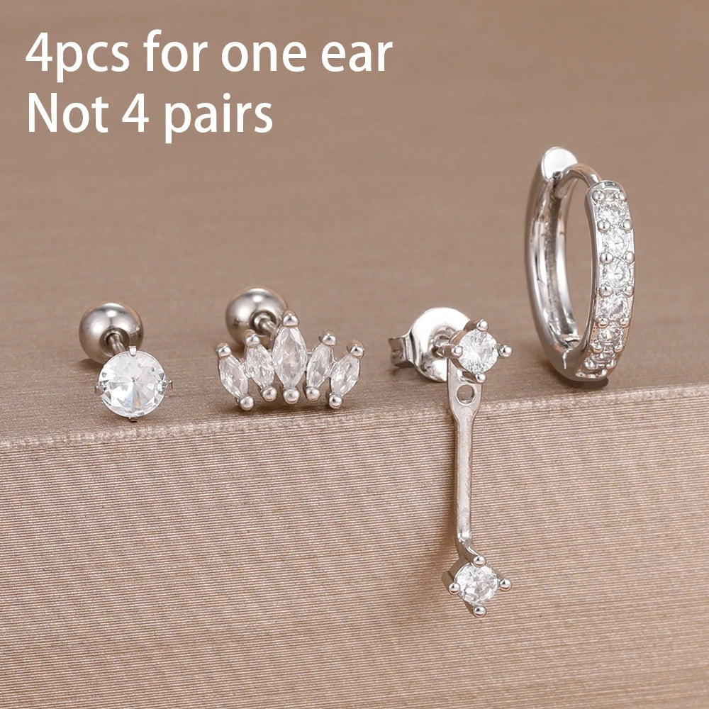 Stainless Steel Hoop Earrings - 4PCS Circle Huggie Set with Zircon Flower Studs - ZOOMNSTORE