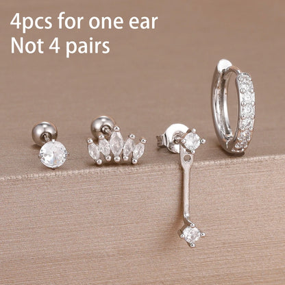Stainless Steel Hoop Earrings - 4PCS Circle Huggie Set with Zircon Flower Studs - ZOOMNSTORE