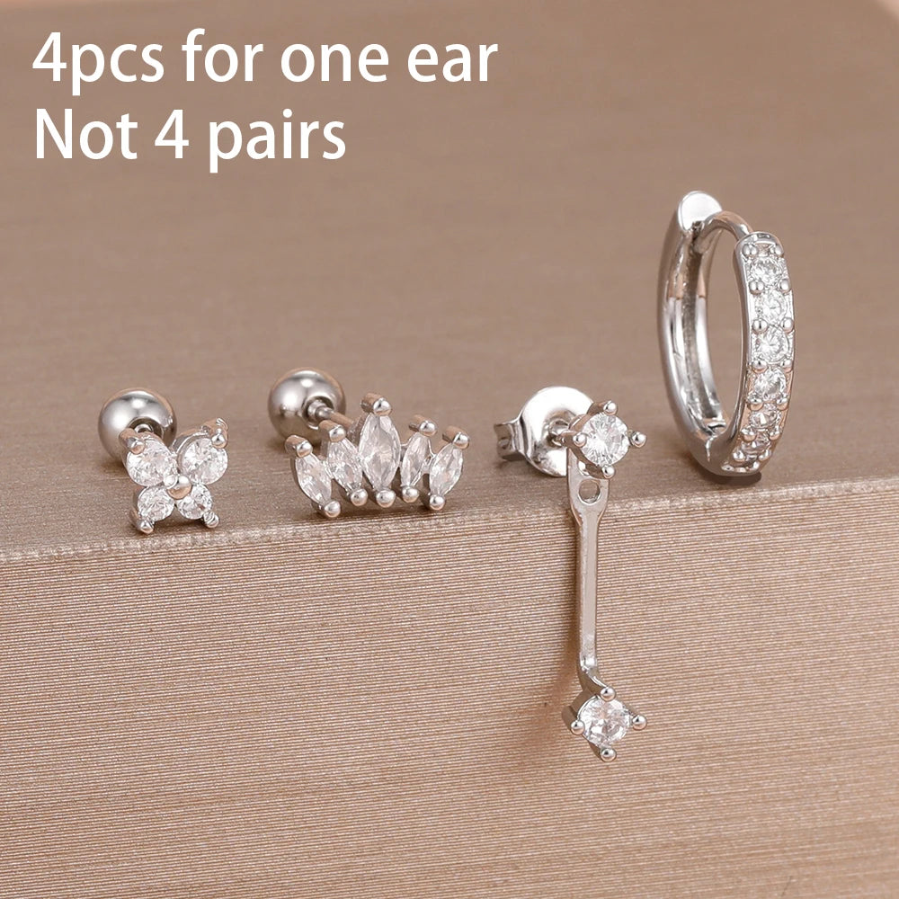 Stainless Steel Hoop Earrings - 4PCS Circle Huggie Set with Zircon Flower Studs - ZOOMNSTORE
