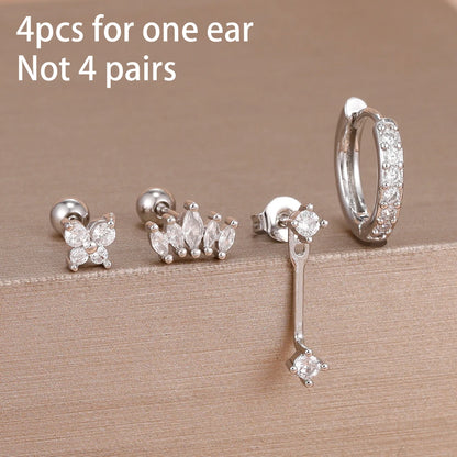 Stainless Steel Hoop Earrings - 4PCS Circle Huggie Set with Zircon Flower Studs - ZOOMNSTORE