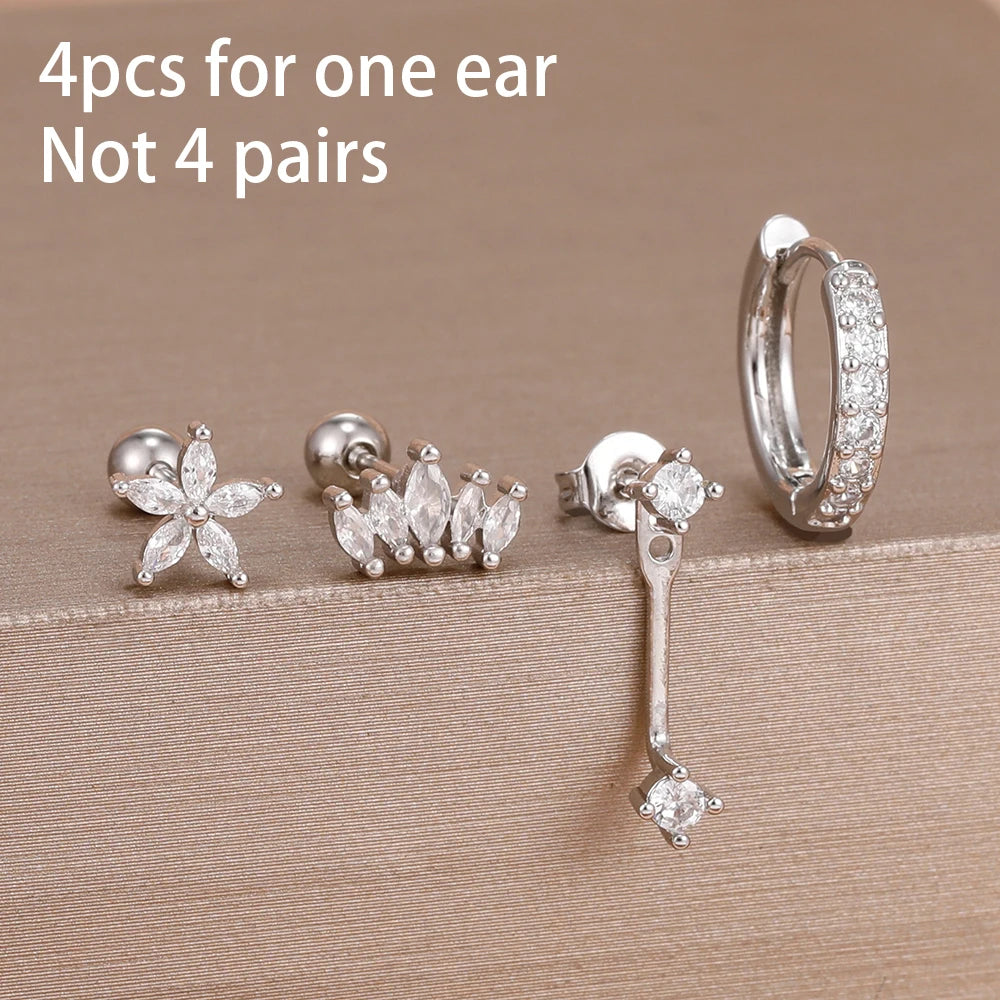 Stainless Steel Hoop Earrings - 4PCS Circle Huggie Set with Zircon Flower Studs - ZOOMNSTORE