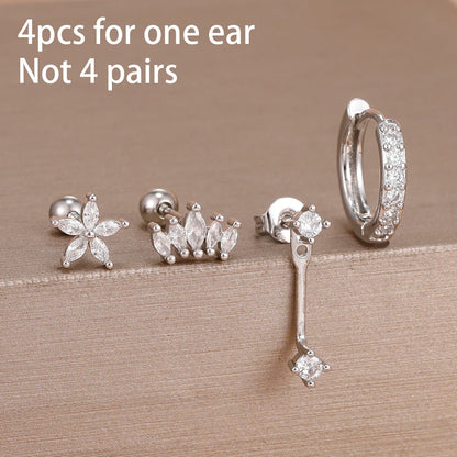 Stainless Steel Hoop Earrings - 4PCS Circle Huggie Set with Zircon Flower Studs - ZOOMNSTORE
