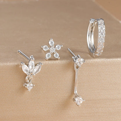 Stainless Steel Hoop Earrings - 4PCS Circle Huggie Set with Zircon Flower Studs - ZOOMNSTORE