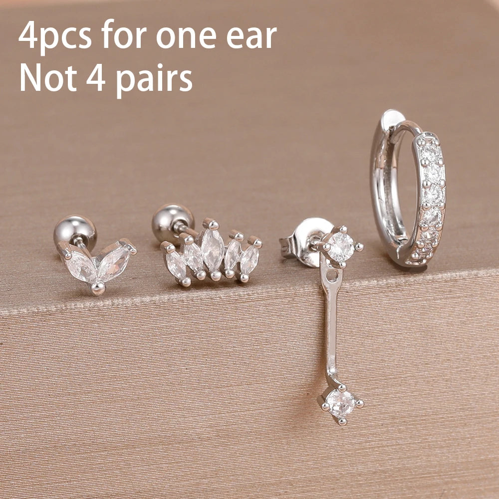 Stainless Steel Hoop Earrings - 4PCS Circle Huggie Set with Zircon Flower Studs - ZOOMNSTORE