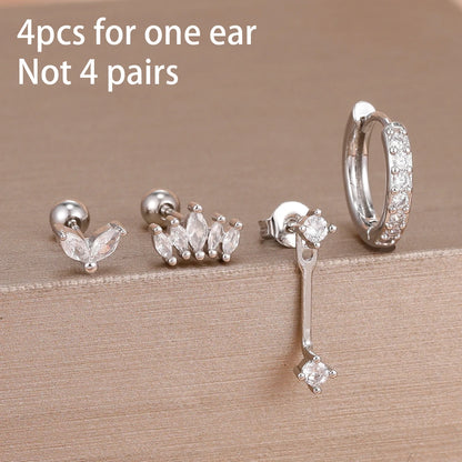 Stainless Steel Hoop Earrings - 4PCS Circle Huggie Set with Zircon Flower Studs - ZOOMNSTORE