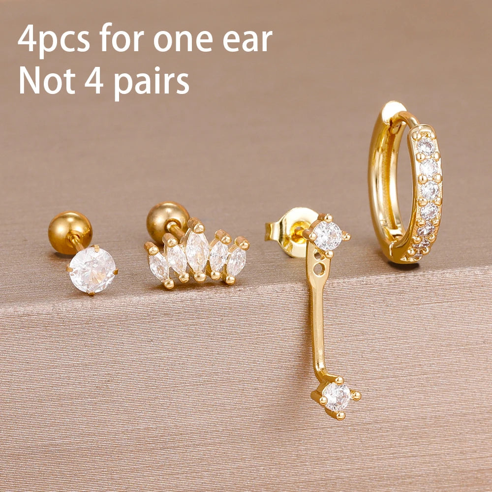 Stainless Steel Hoop Earrings - 4PCS Circle Huggie Set with Zircon Flower Studs - ZOOMNSTORE
