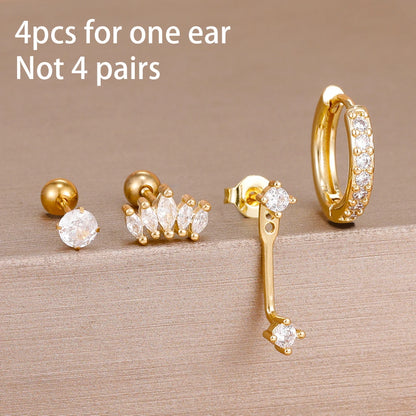 Stainless Steel Hoop Earrings - 4PCS Circle Huggie Set with Zircon Flower Studs - ZOOMNSTORE