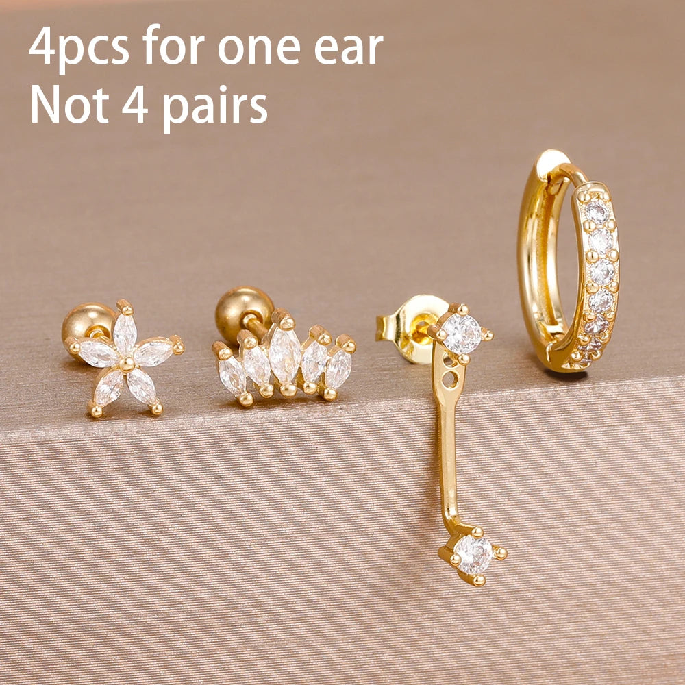 Stainless Steel Hoop Earrings - 4PCS Circle Huggie Set with Zircon Flower Studs - ZOOMNSTORE