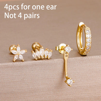 Stainless Steel Hoop Earrings - 4PCS Circle Huggie Set with Zircon Flower Studs - ZOOMNSTORE