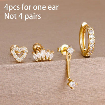 Stainless Steel Hoop Earrings - 4PCS Circle Huggie Set with Zircon Flower Studs - ZOOMNSTORE