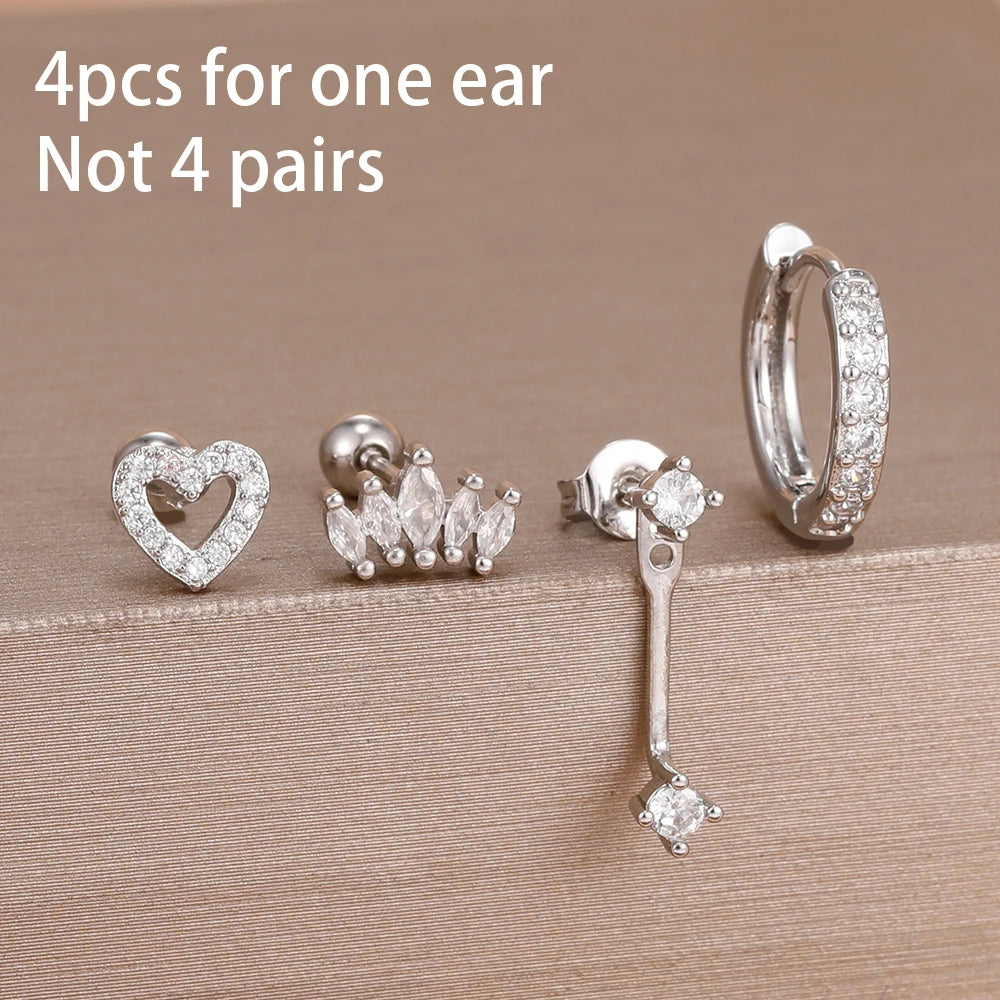 Stainless Steel Hoop Earrings - 4PCS Circle Huggie Set with Zircon Flower Studs - ZOOMNSTORE