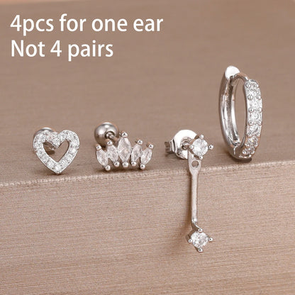 Stainless Steel Hoop Earrings - 4PCS Circle Huggie Set with Zircon Flower Studs - ZOOMNSTORE