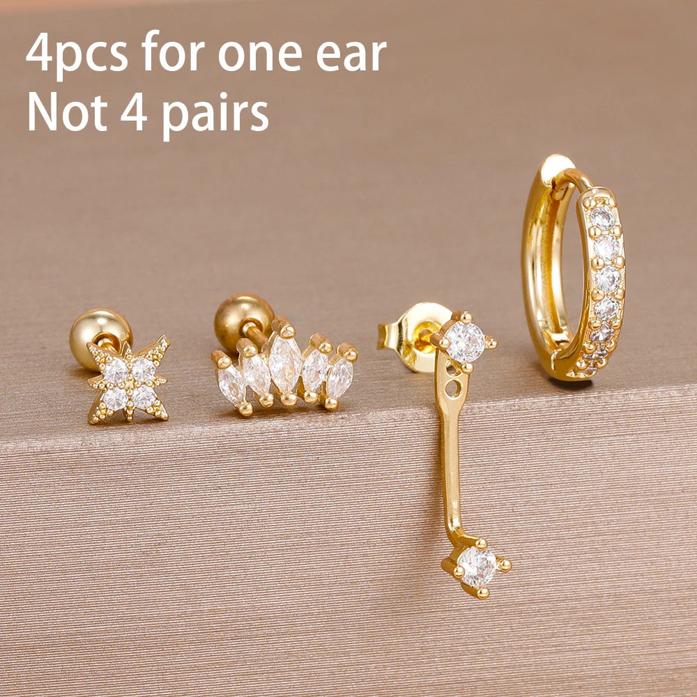 Stainless Steel Hoop Earrings - 4PCS Circle Huggie Set with Zircon Flower Studs - ZOOMNSTORE
