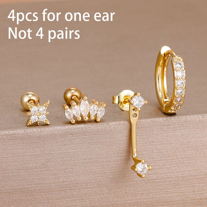 Stainless Steel Hoop Earrings - 4PCS Circle Huggie Set with Zircon Flower Studs - ZOOMNSTORE
