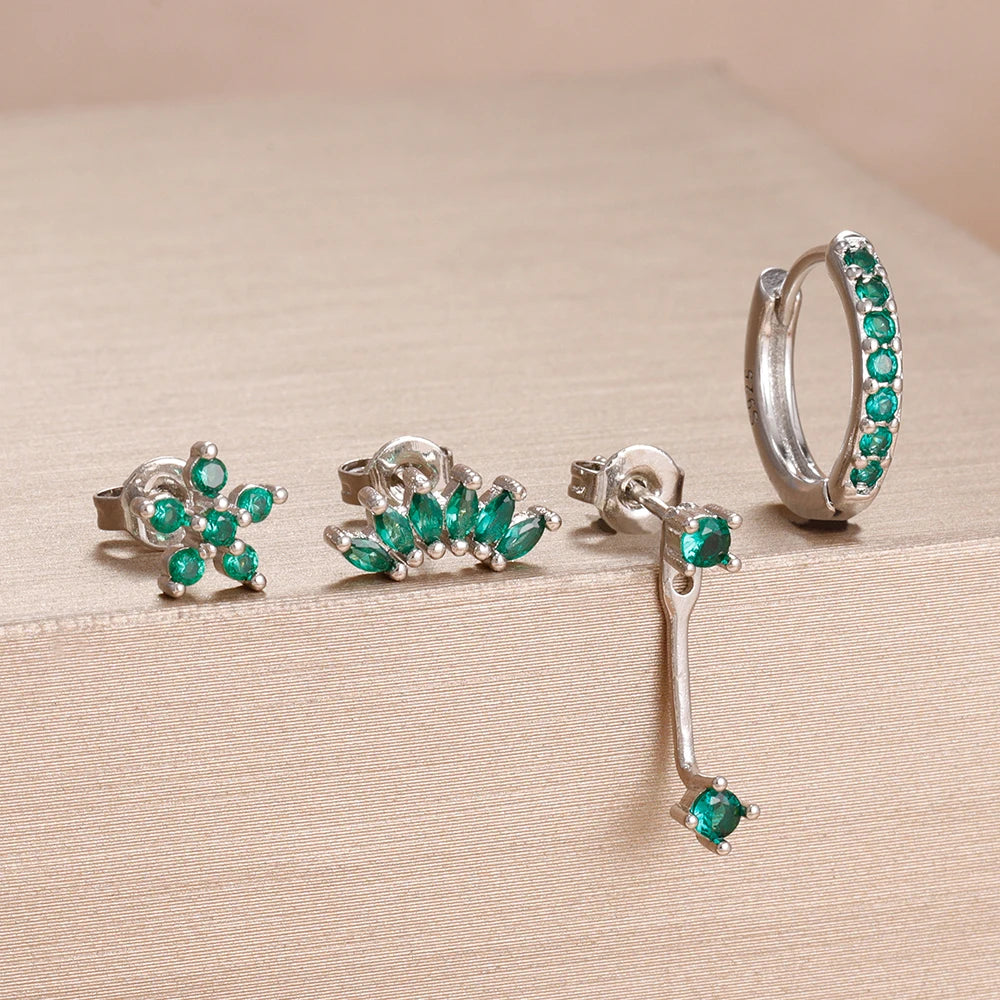 Stainless Steel Hoop Earrings - 4PCS Circle Huggie Set with Zircon Flower Studs - ZOOMNSTORE