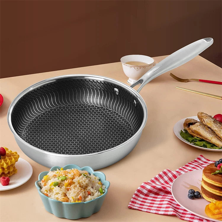 Stainless Steel Nonstick Frying Pan with Lid - Induction  Gas Compatible Honeycomb Cookware - ZOOMNSTORE