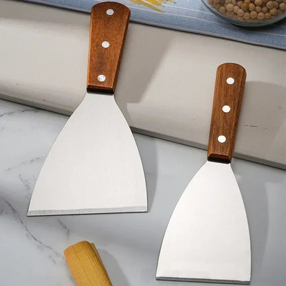 Stainless Steel Oblique Spatula with Wooden Handle - Versatile Kitchen Scraper for Steak Burger Pancake Pizza and Barbecue - ZOOMNSTORE