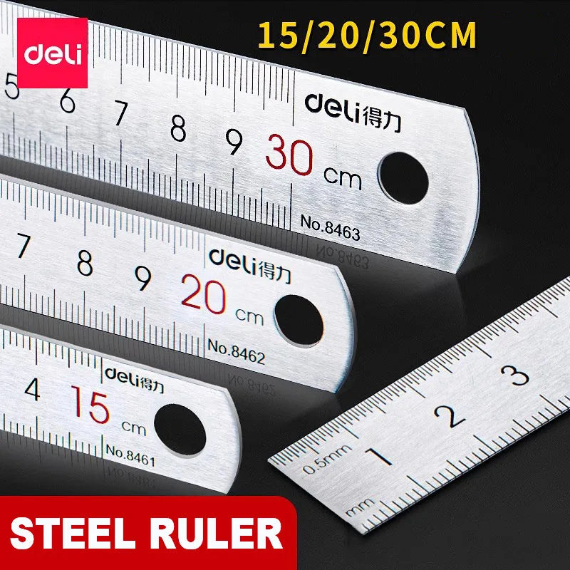 Deli Stainless Steel Ruler 15/20/30cm Metal Straight Ruler for Home School Precision Measuring Drawing Tool Supplies - ZOOMNSTORE