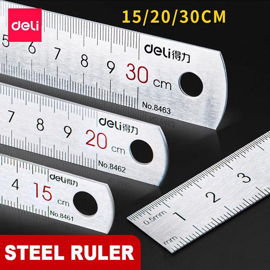 Deli Stainless Steel Ruler 15/20/30cm Metal Straight Ruler for Home School Precision Measuring Drawing Tool Supplies - ZOOMNSTORE