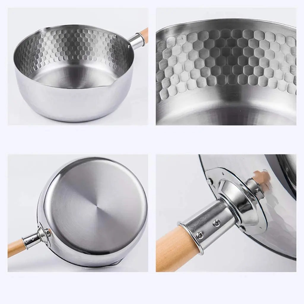 Stainless Steel Saucepan with Lid - Multipurpose Cooking Pot with Wood Handle and Pour Spouts - ZOOMNSTORE