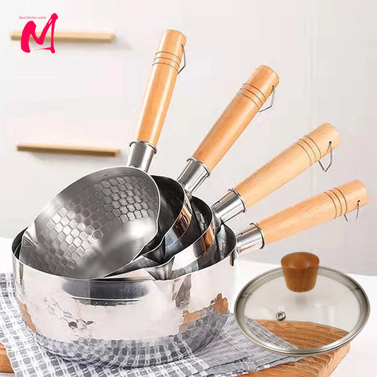 Stainless Steel Saucepan with Lid - Multipurpose Cooking Pot with Wood Handle and Pour Spouts - ZOOMNSTORE