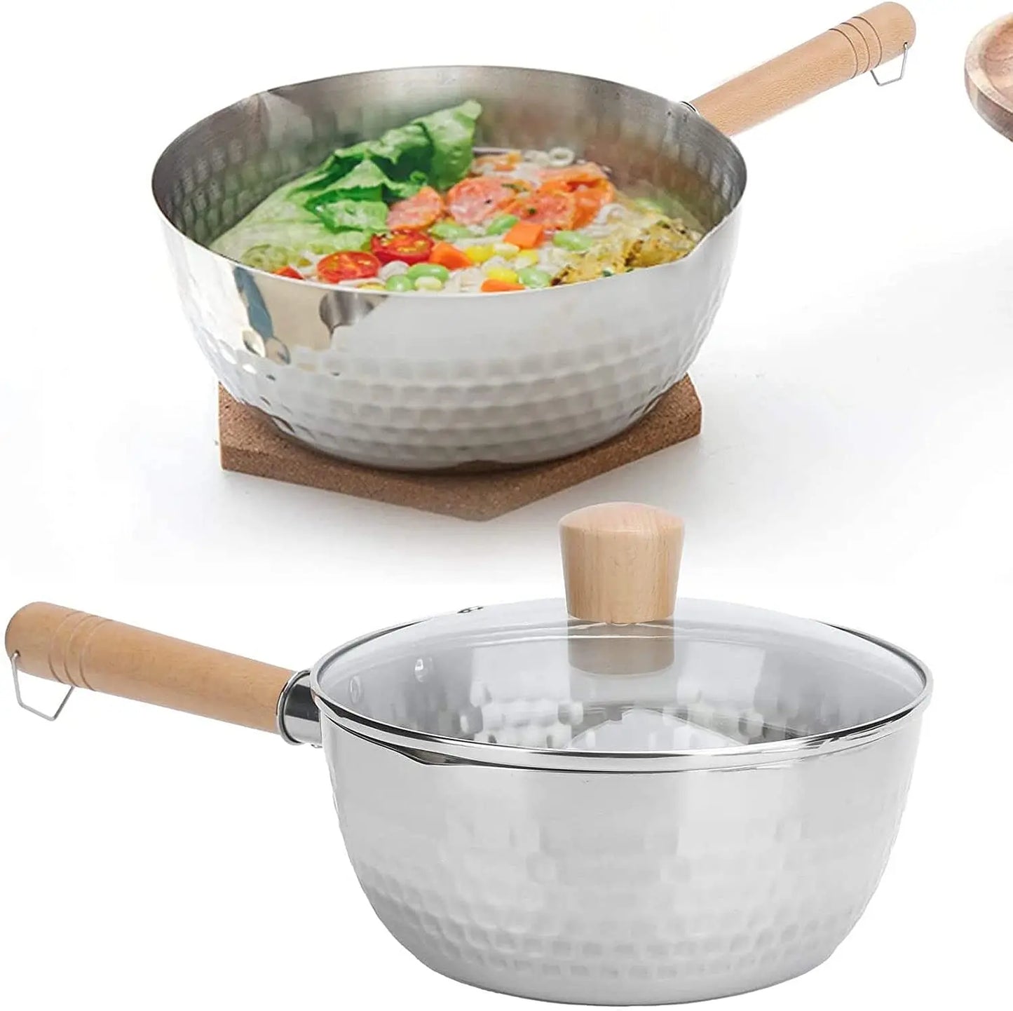 Stainless Steel Saucepan with Lid - Multipurpose Cooking Pot with Wood Handle and Pour Spouts - ZOOMNSTORE