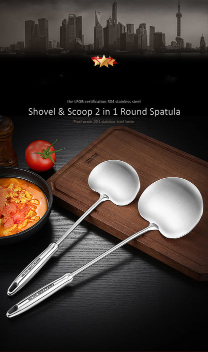 Stainless Steel Spatula - 2 in 1 Round Scoop Shovel with Heat Insulation Handle - ZOOMNSTORE