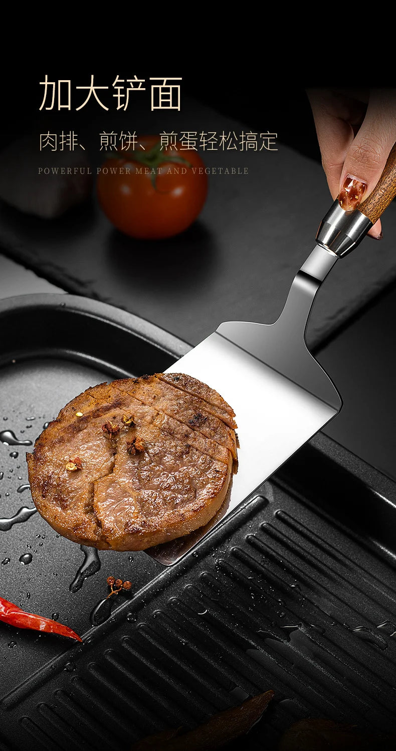 304 Stainless Steel Spatula - Non-Stick Barbecue Tongs with Wood Handle - ZOOMNSTORE