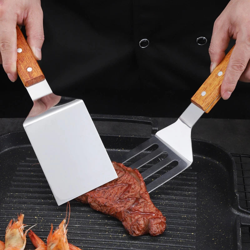 Stainless Steel Wooden Handle Spatula - Cooking BBQ Teppanyaki Tool - ZOOMNSTORE