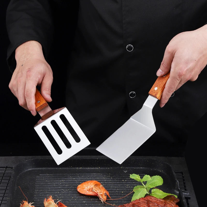 Stainless Steel Wooden Handle Spatula - Cooking BBQ Teppanyaki Tool - ZOOMNSTORE