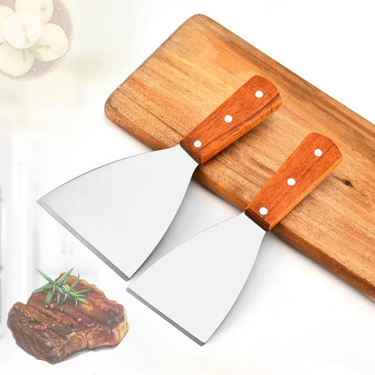 Stainless Steel Oblique Spatula with Wooden Handle - Versatile Kitchen Scraper for Steak Burger Pancake Pizza and Barbecue - ZOOMNSTORE