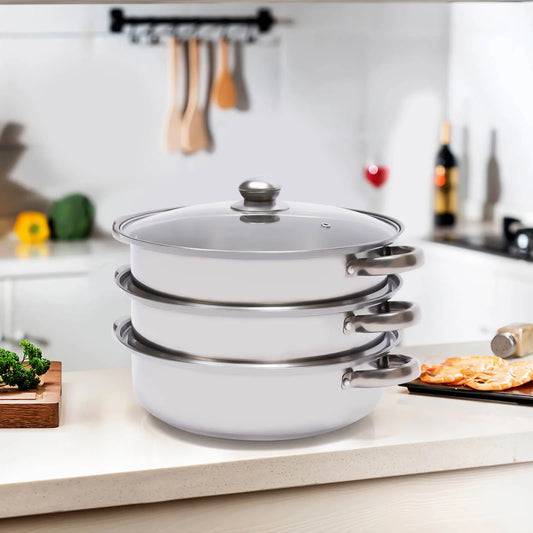 3-Tier Stainless Steel Steamer Pot Set with Glass Lid - 11 Large Cooking Cooker - ZOOMNSTORE
