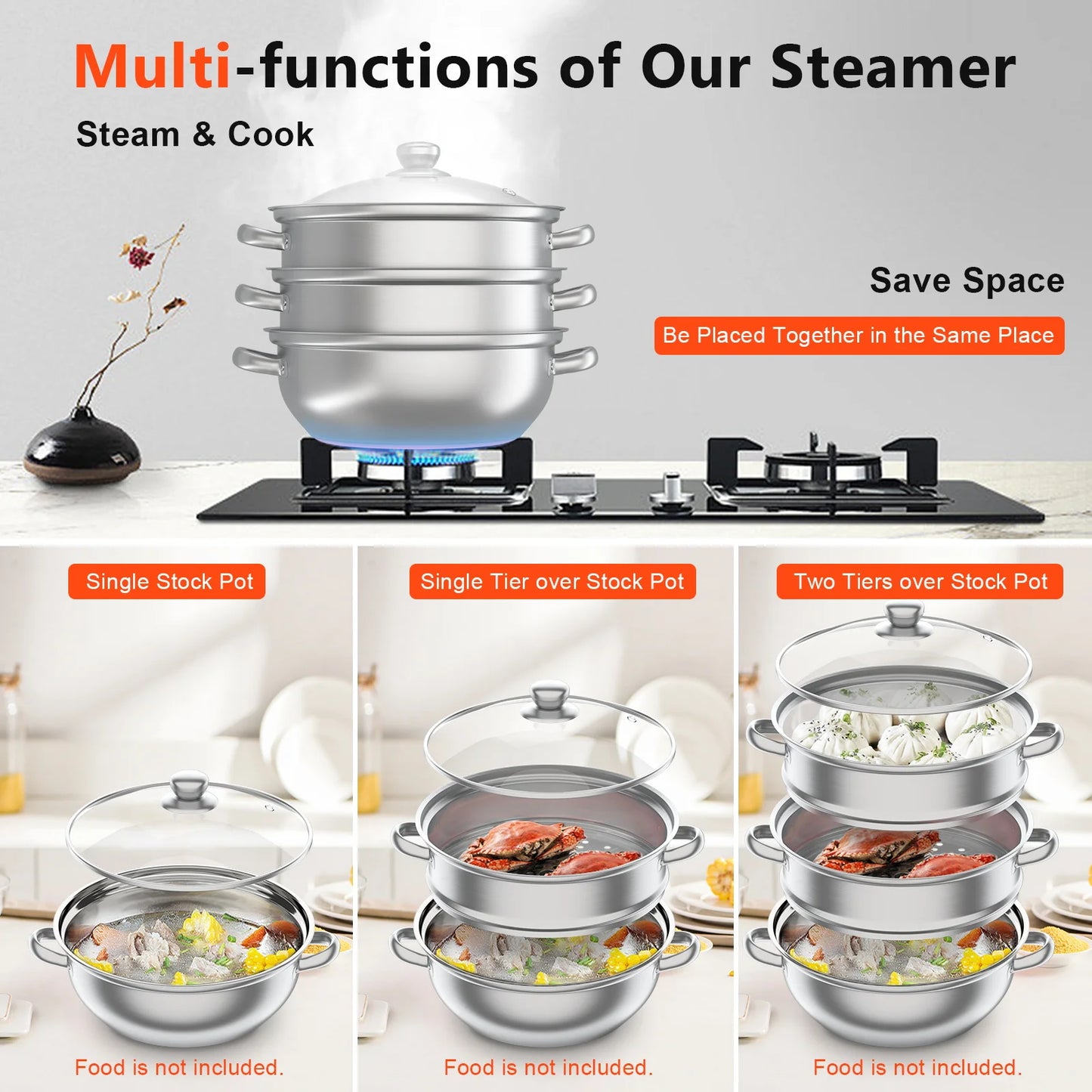 3-Tier Stainless Steel Steamer Pot Set with Glass Lid - 11 Large Cooking Cooker - ZOOMNSTORE