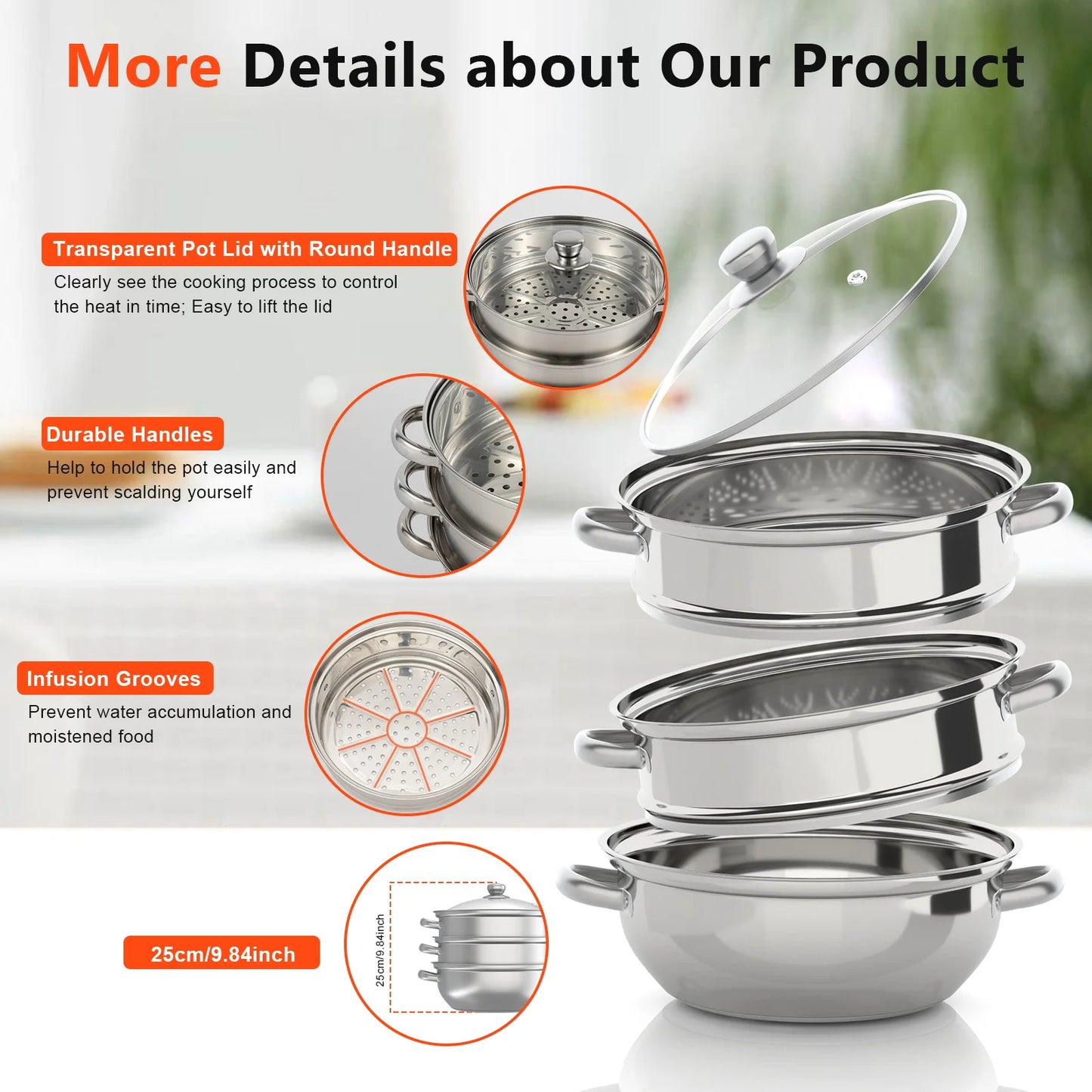 3-Tier Stainless Steel Steamer Pot Set with Glass Lid - 11 Large Cooking Cooker - ZOOMNSTORE