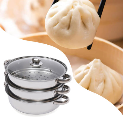 3-Tier Stainless Steel Steamer Pot Set with Glass Lid - 11 Large Cooking Cooker - ZOOMNSTORE
